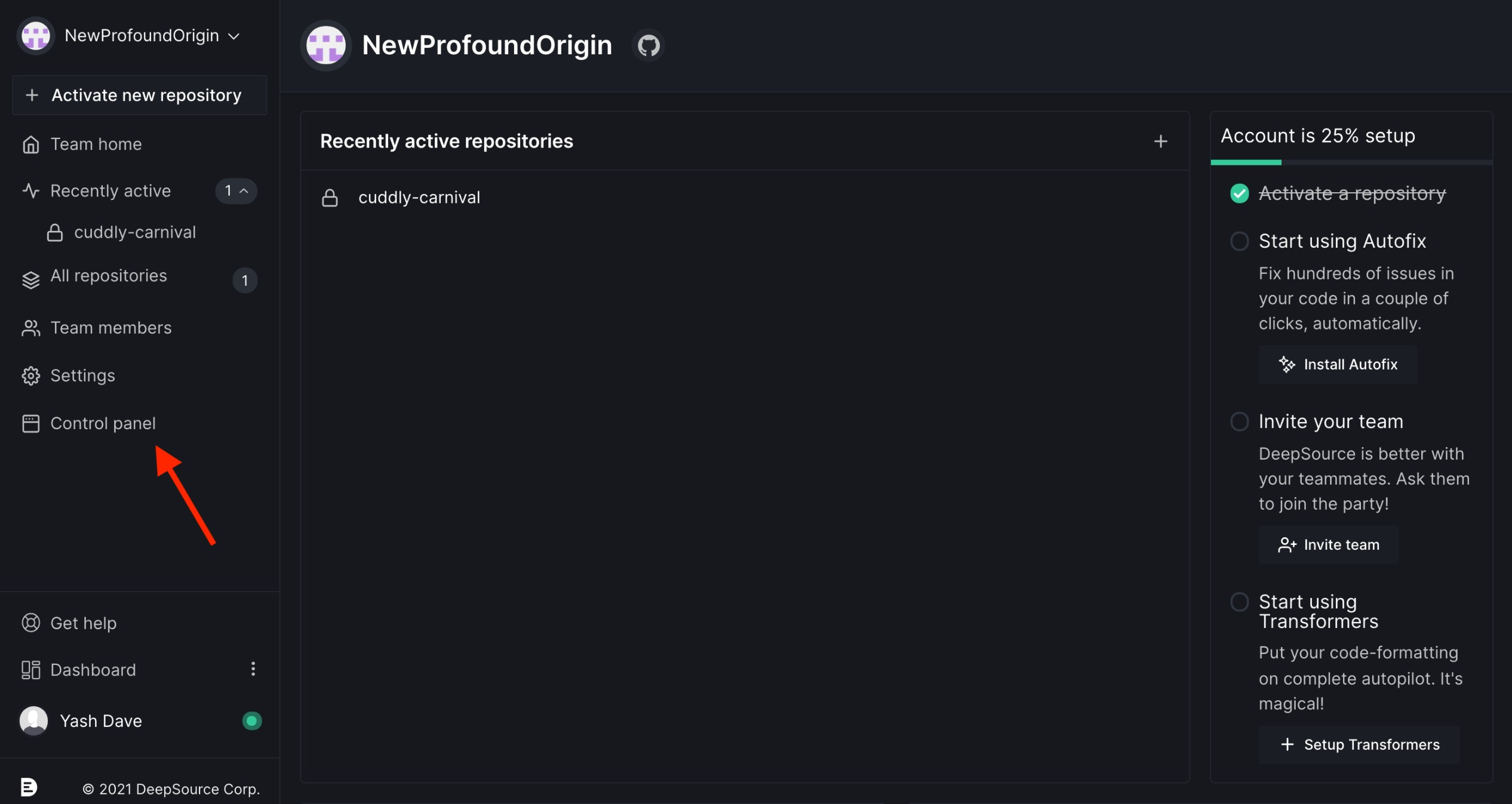 Link to control panel in sidebar