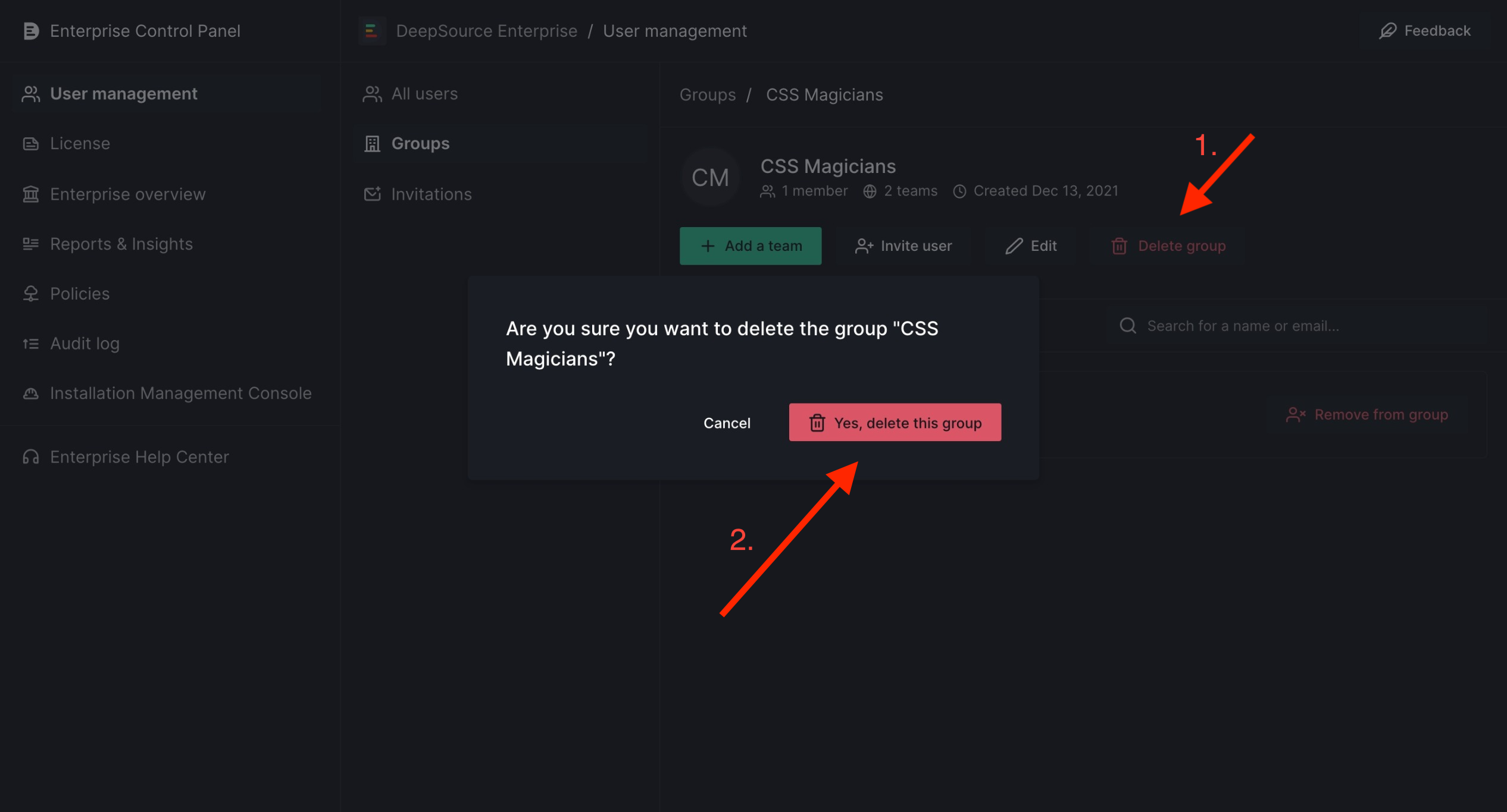 Steps to delete a group