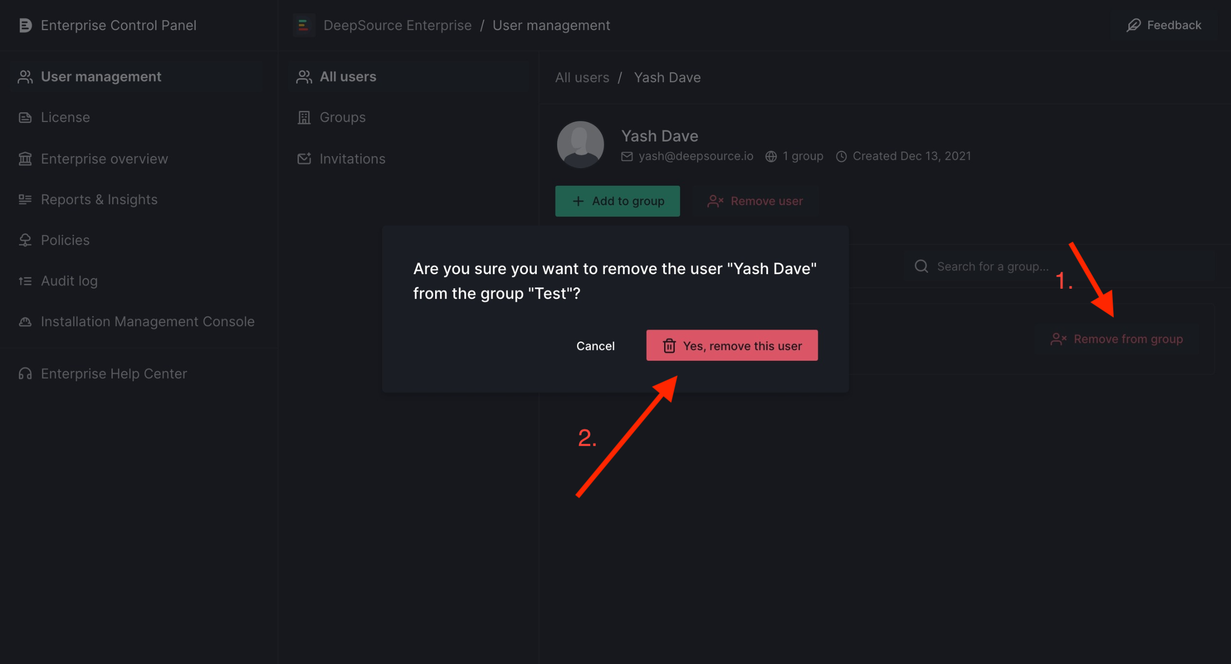 Steps to remove a user from a group
