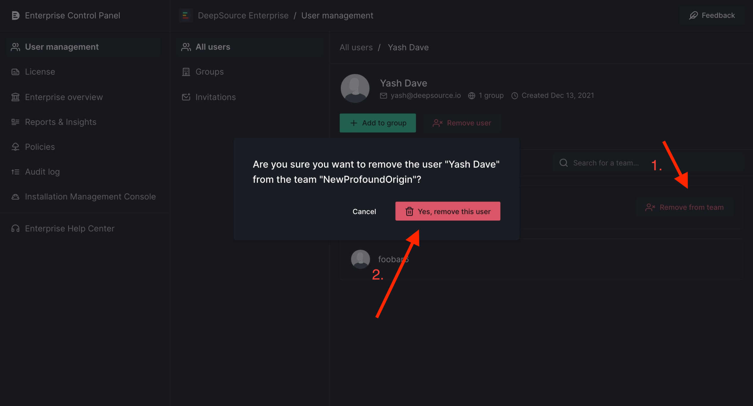 Steps to remove a user from a team