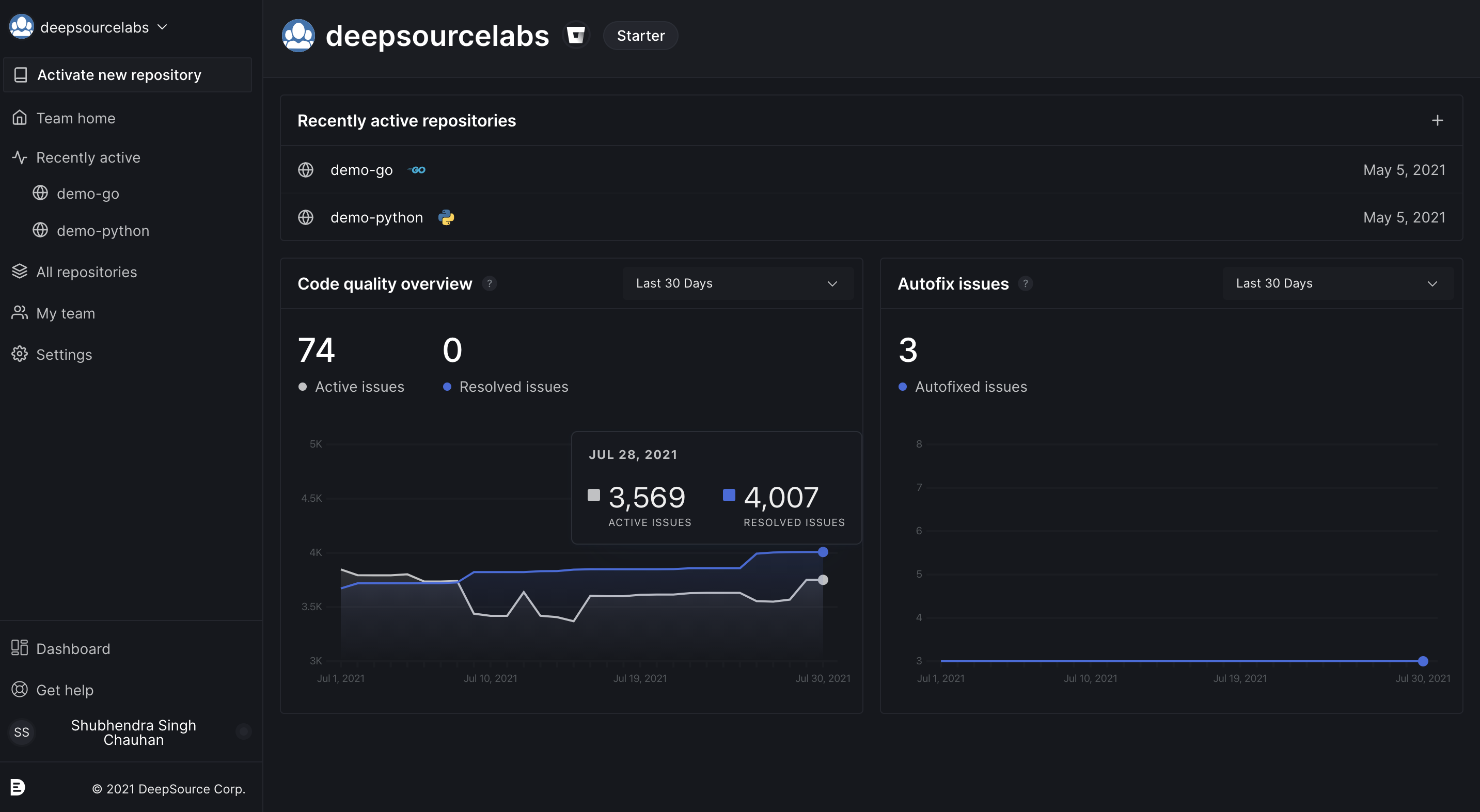 Home in DeepSource dashboard