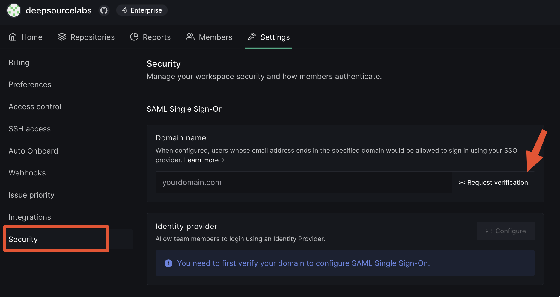 Team Settings Security Page