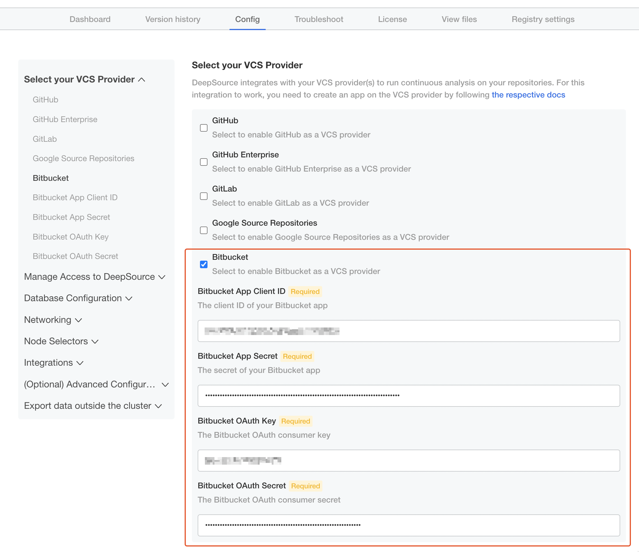 Bitbucket admin console configuration